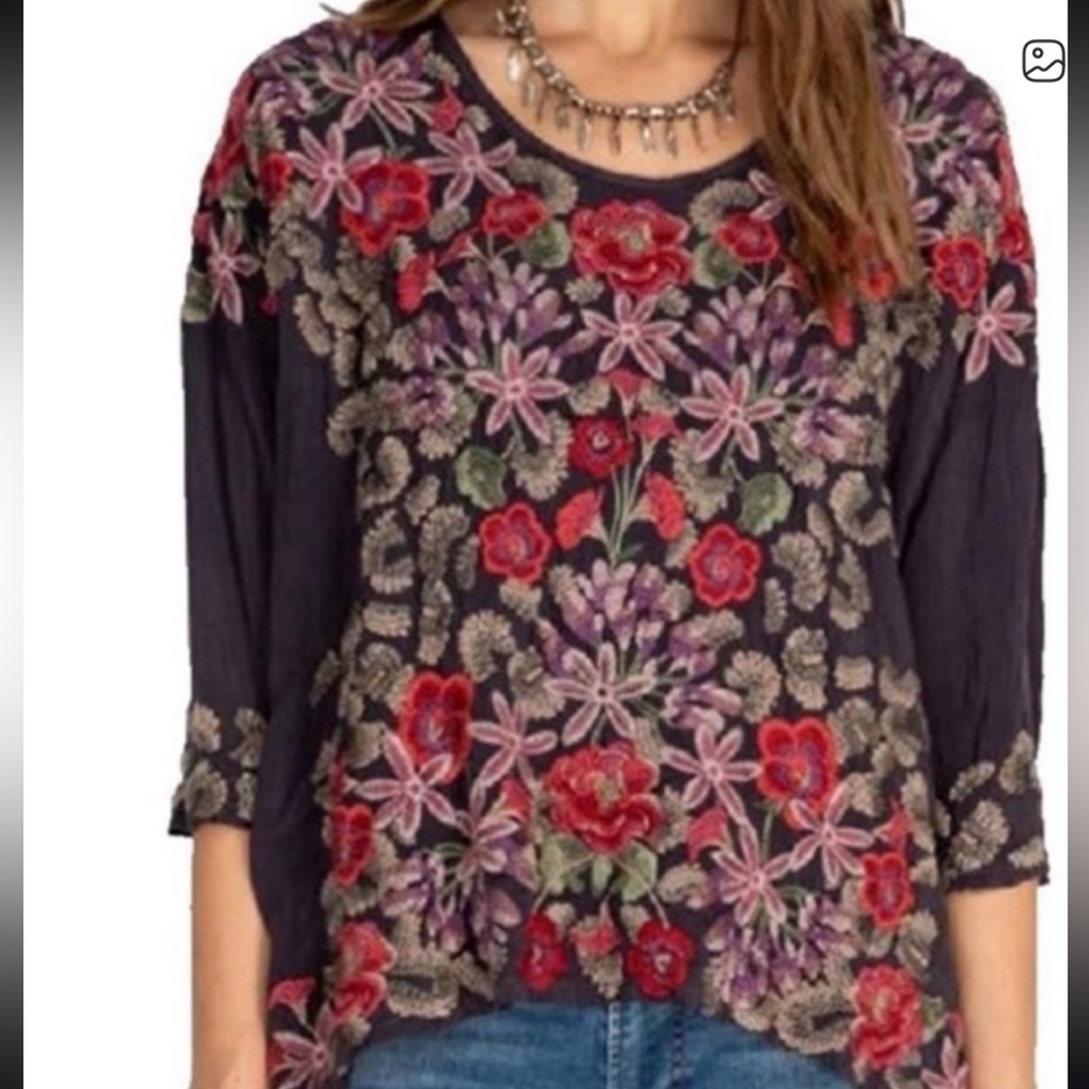 Johnny Was Multicolor Floral Embroidered Blouse